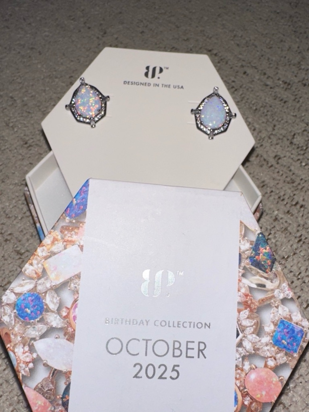 bp Iridescent Opal Halo Stud Earrings in White and Pink Blue Fire
